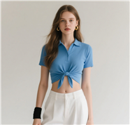 蓝色肚脐装衬衣性感欧美美女图片