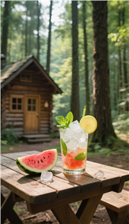 绿色森林小木桌西瓜冰镇冷饮图片