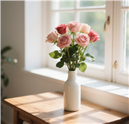 白色窗台粉色玫瑰花插花摄影图片