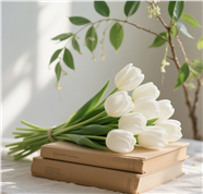 白色郁金香花牛皮纸书籍摄影图片