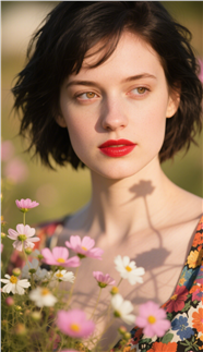 站在小野菊前的欧美红唇美女图片