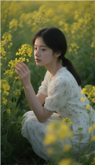 春天蹲在油菜花海中的美女图片