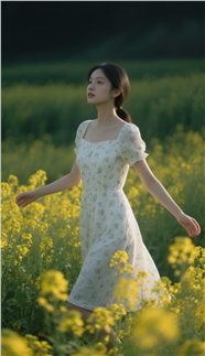 黄色油菜花碎花裙美女写真图片