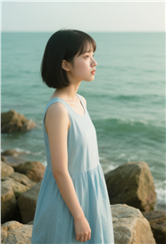夏日海边蓝色清新连衣裙美女图片