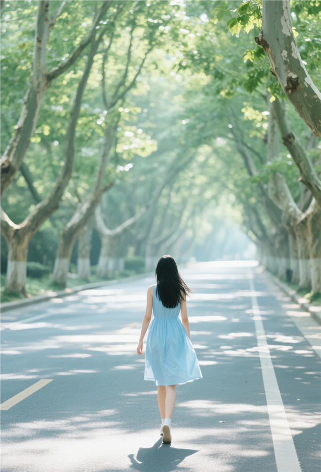 春天南京梧桐树下治愈系美女背影图片
