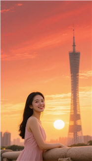 夕阳西下广州铁塔美女摄影图片