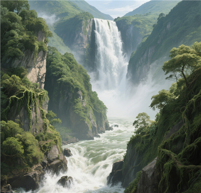 峡谷青山环绕瀑布风景图片