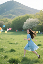 户外绿色草地自由奔跑的少女图片