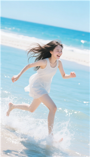 夏日蓝色海边奔跑的少女图片