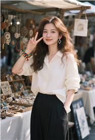 艺术集市手工摊位衬衫卷发美女图片