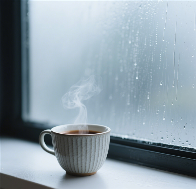 下雨天窗台热咖啡摄影图片