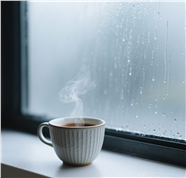 下雨天窗台热咖啡摄影图片