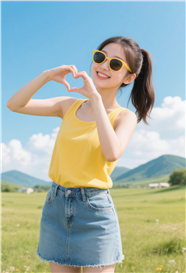 户外黄色上衣戴墨镜手比爱心美女图片