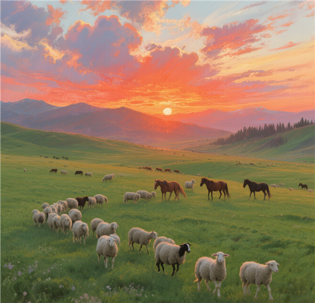 日暮黄昏草原牛马成群摄影图片