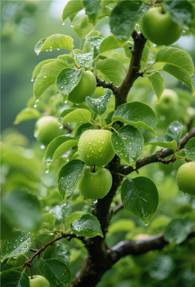 雨后苹果树绿色苹果微距摄影图片
