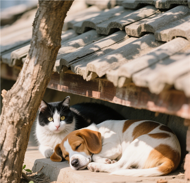躲在屋檐下的小猫小狗图片
