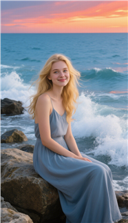 黄昏海边礁石欧美美女看海摄影图片