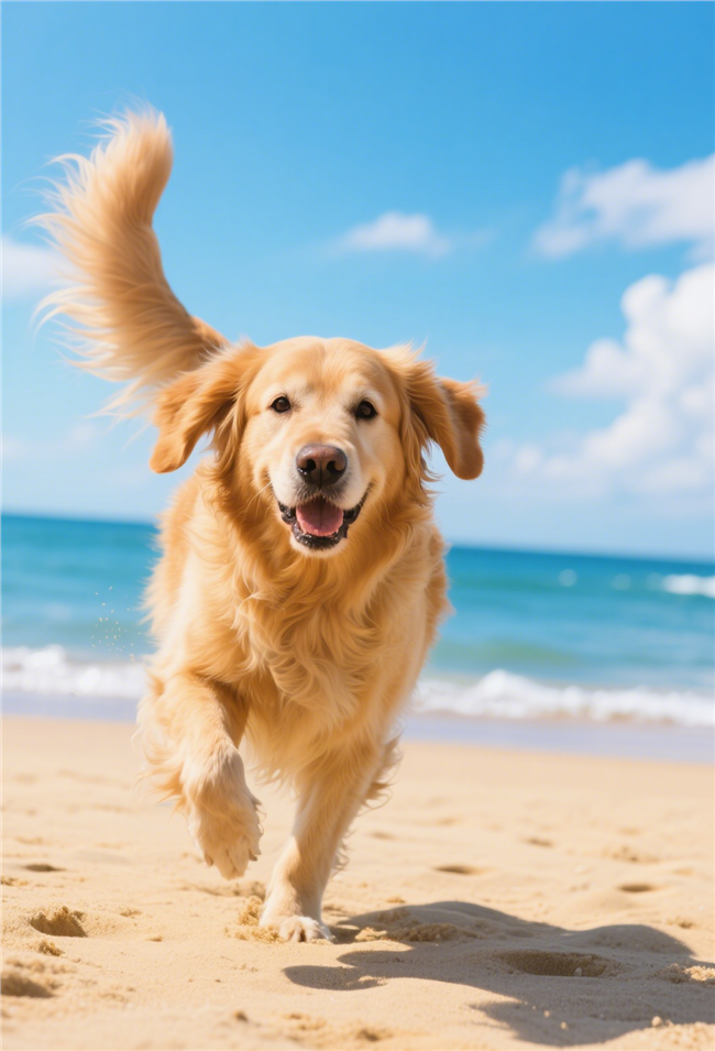 夏日蓝天白云沙滩金毛犬摄影图片