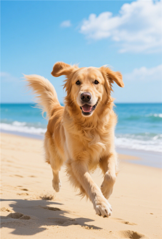夏日海边金毛寻回犬奔跑图片