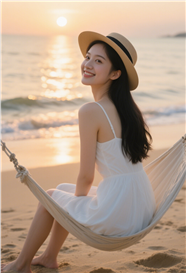 日暮黄昏海边吊床美女摄影图片