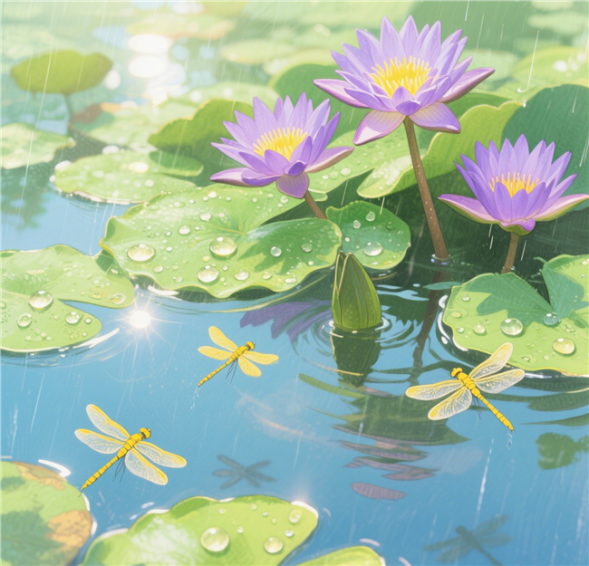 夏日雨后清新莲花插画图片