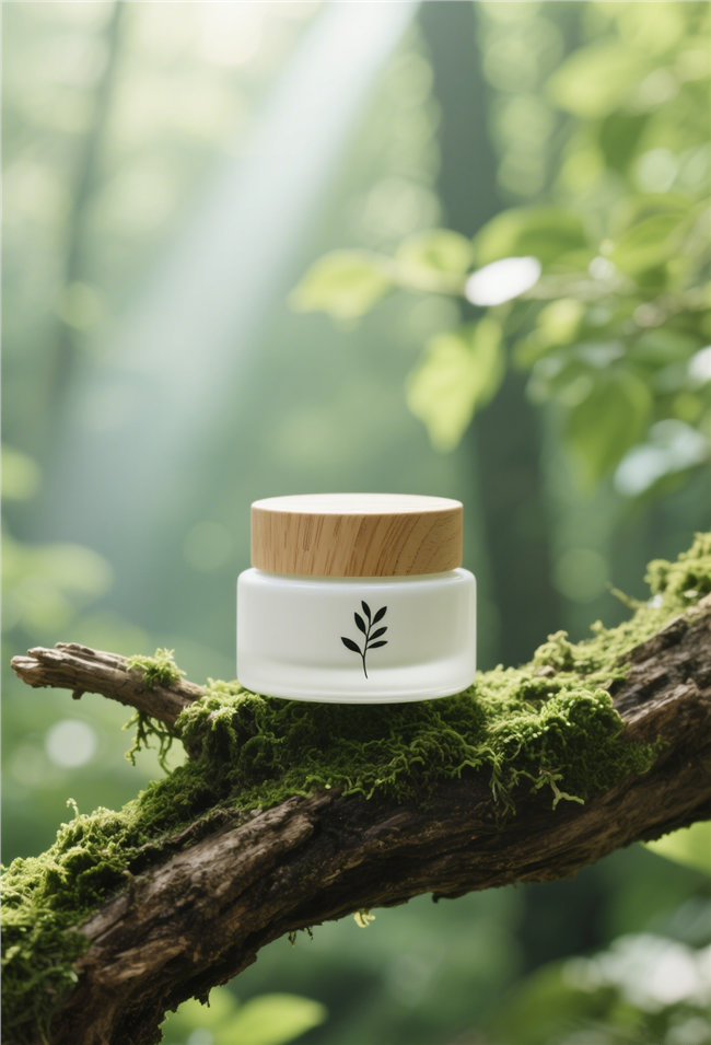 绿色树林枯枝青苔护肤品摄影图片