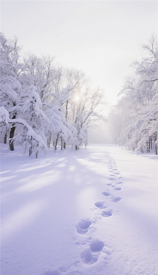 冬季树木枝头积雪雪地脚印摄影图片