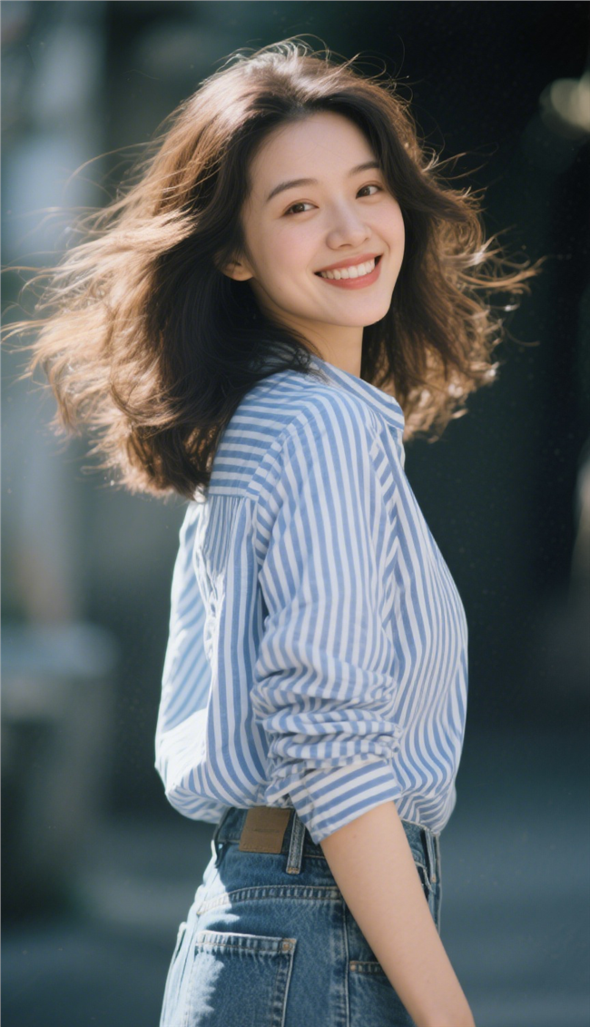 蓝白条纹衬衫牛仔裤美女摄影图片