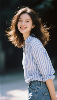 笑颜如花条纹衬衫美女摄影图片