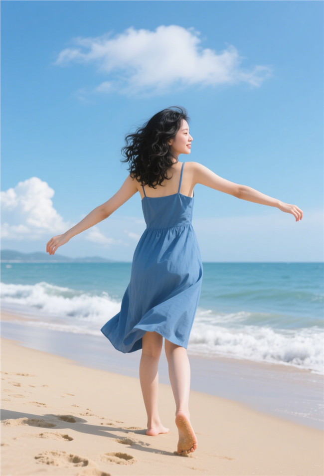 夏日海边沙滩美女背影写真摄影图片