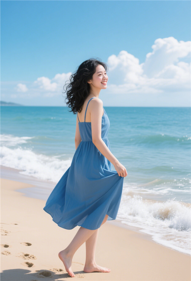 夏日海边蓝色吊带裙美女写真摄影图片