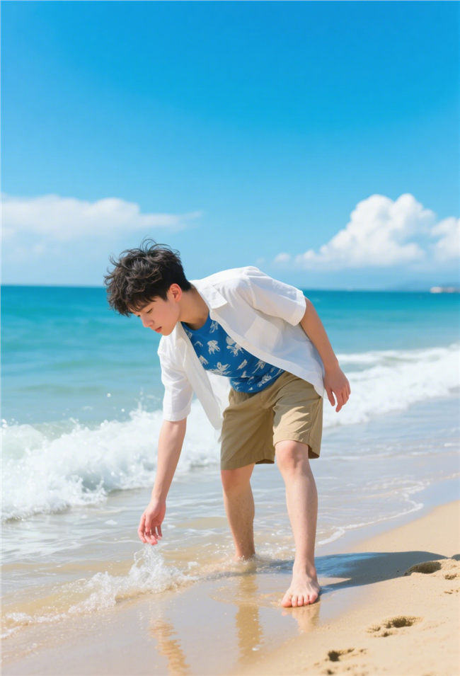 夏日海边踏浪戏水的男孩图片