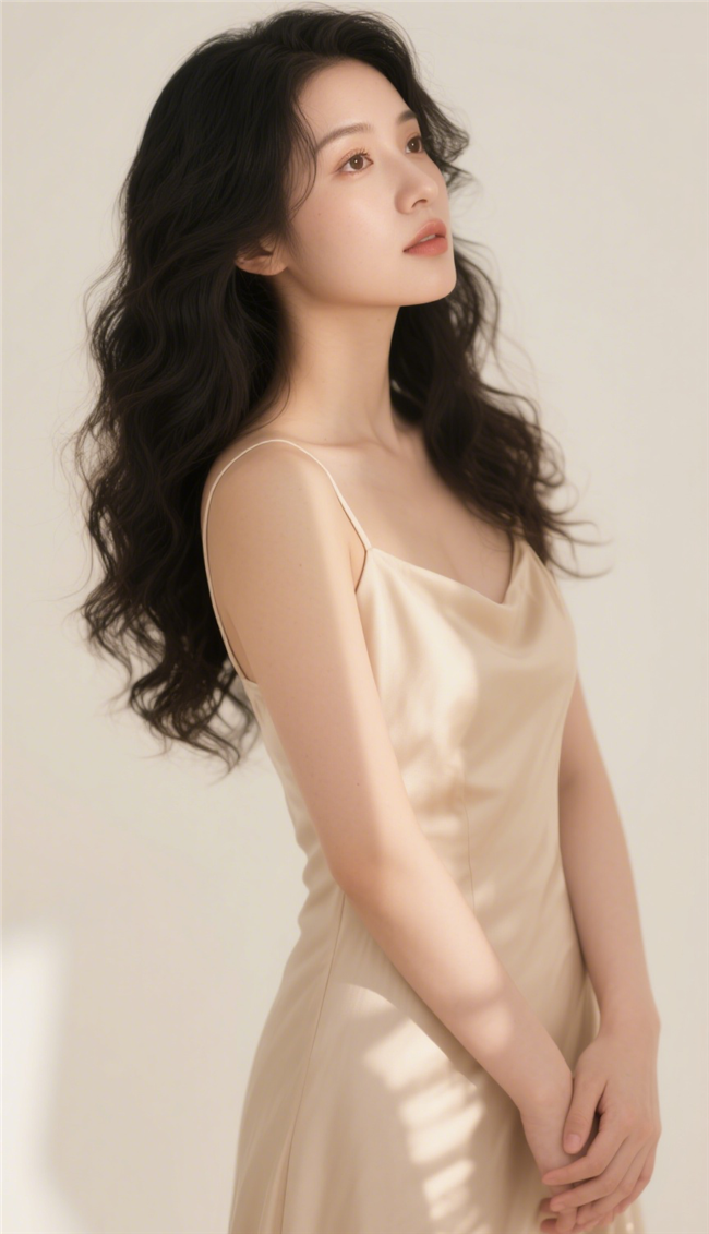 亚洲长卷发真丝吊带裙性感美女图片