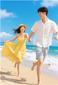 夏日海边手牵手海滩奔跑的情侣图片
