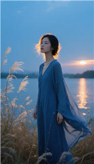 日暮黄昏湖泊蓝色纱裙美女写真图片