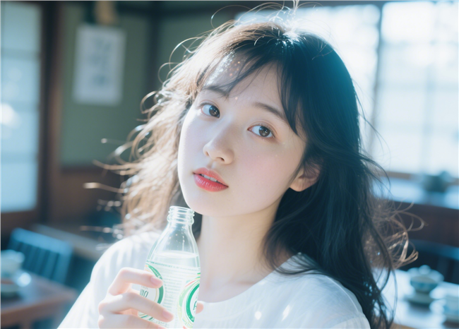 手持矿泉水的清新女孩图片