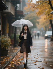 秋天下雨街头撑伞美女摄影图片