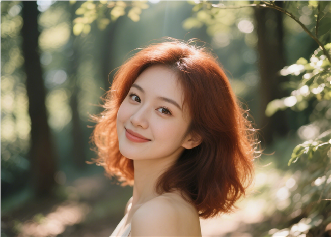 绿色树林红棕色中长发美女摄影图片