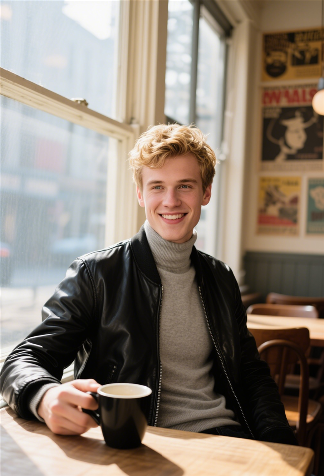 坐在窗前桌边喝咖啡的帅哥图片