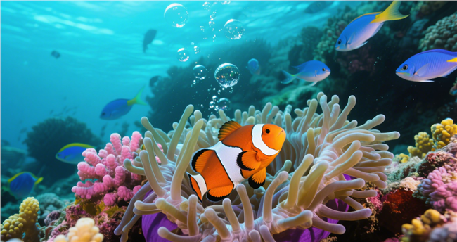 蓝色深海五彩斑斓鱼类摄影图片