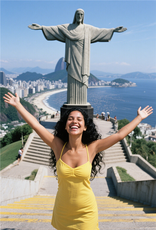 穿着黄色吊带裙旅行的欧美美女图片