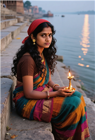 坐在河边手持祈福灯的印度女人图片
