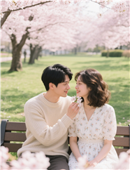 春天公园樱花树下约会的情侣图片