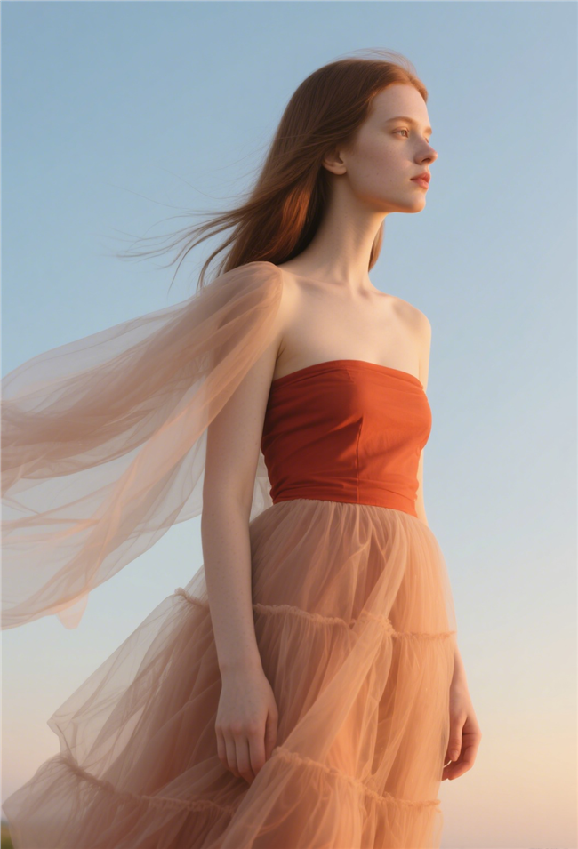 欧美橙色纱裙美女性感摄影图片
