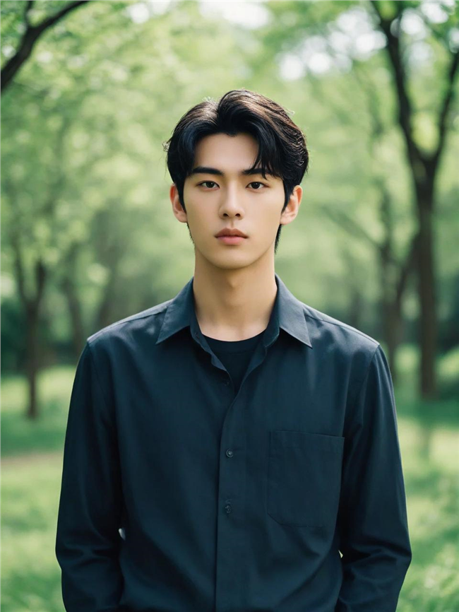 春天绿色树林年轻衬衫帅哥摄影图片