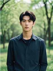 春天绿色树林年轻衬衫帅哥摄影图片