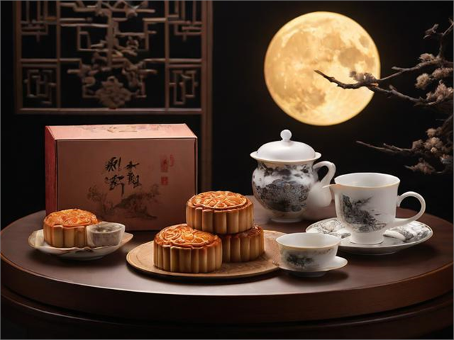 八月十五中秋月饼茶具摄影图片