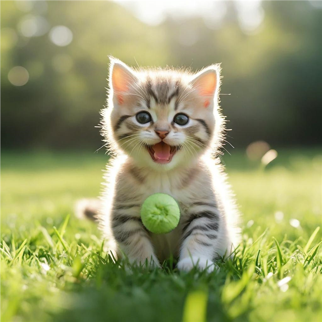 春天草地上玩网球的小猫图片