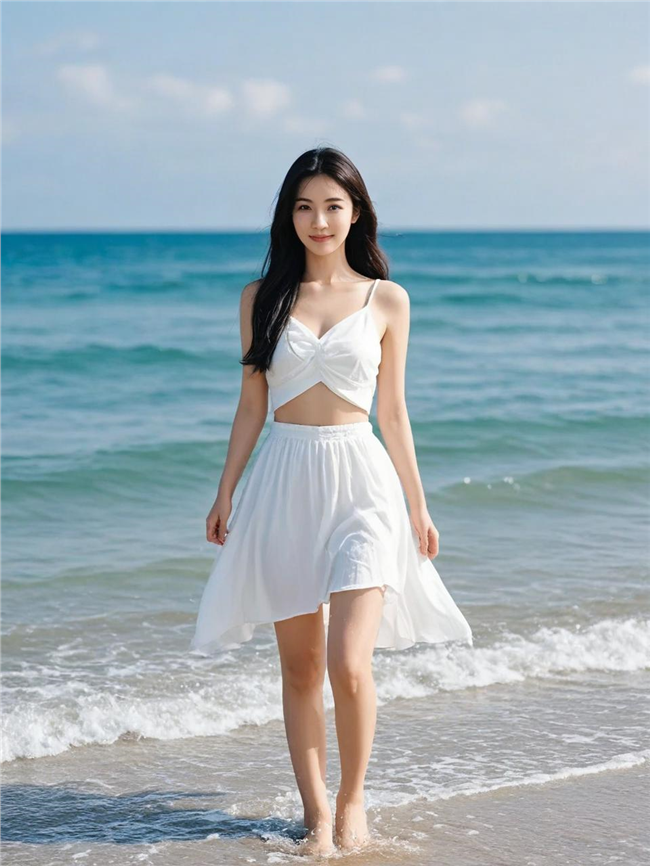 夏日海边性感白色泳装美女写真图片