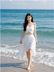 夏日海边沙滩白裙美女摄影图片